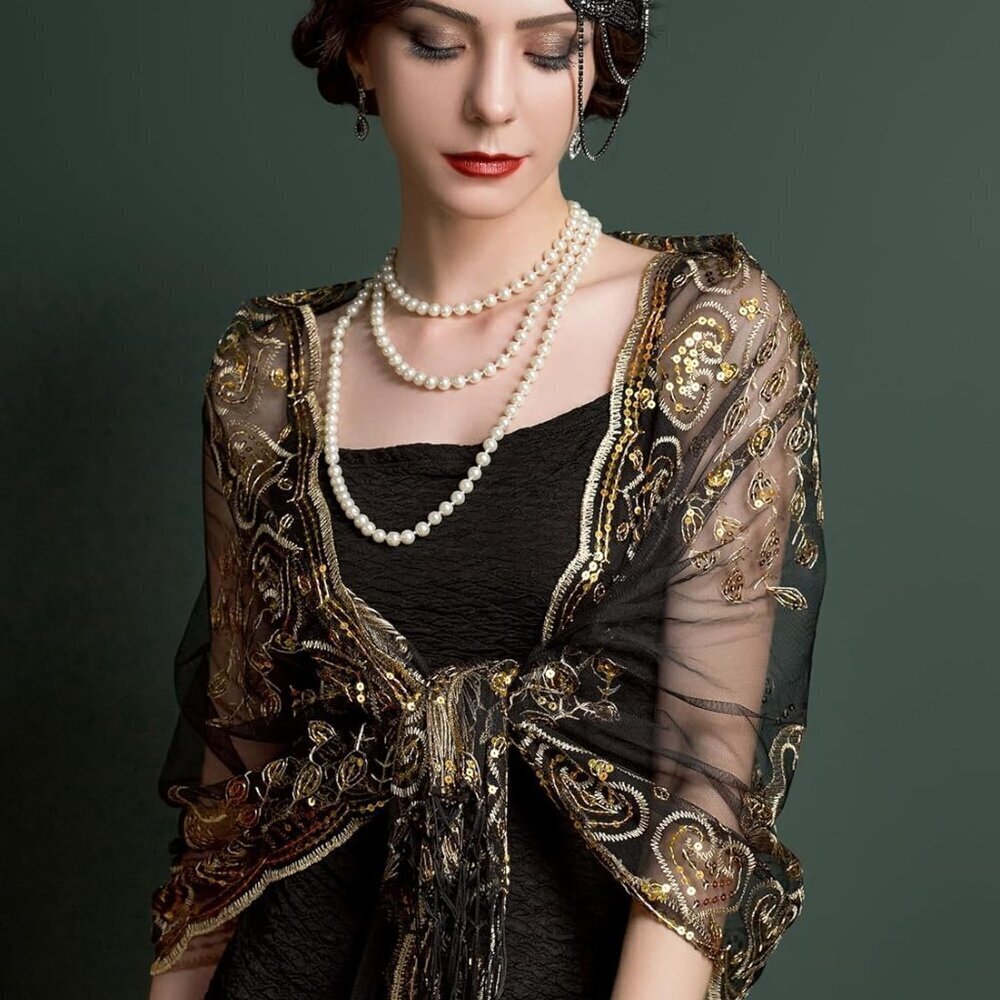 Women's 1920s Sequin Flapper Shawl Wrap for Parties Weddings Evening Dress